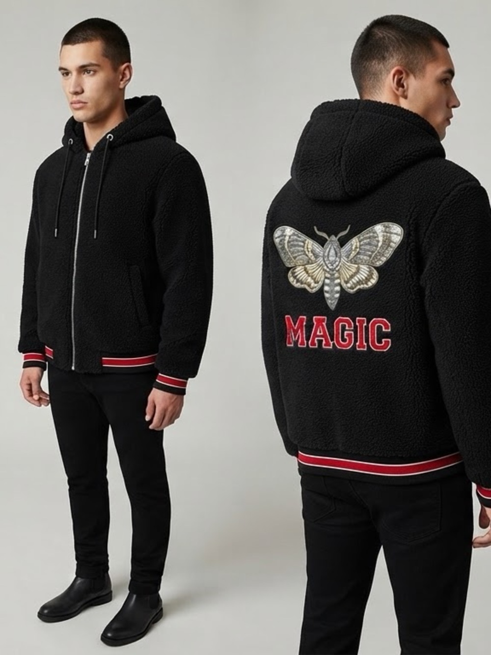 7 For All Mankind Teddy Fleece Zip Hoodie Moth Graphic Oversized Black NWOT Y2K